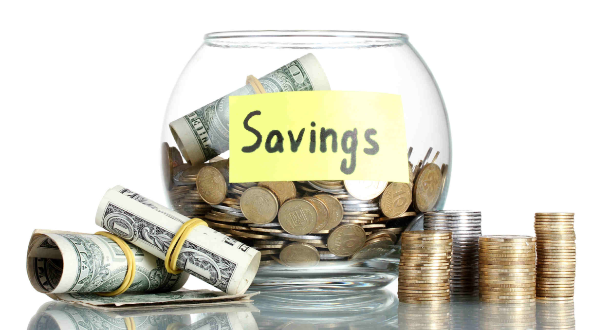 Savings dollar bills and coins