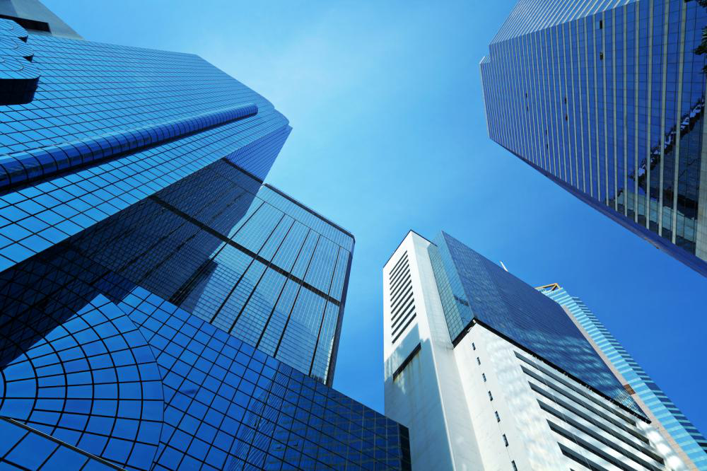 corporate blue glass buildings